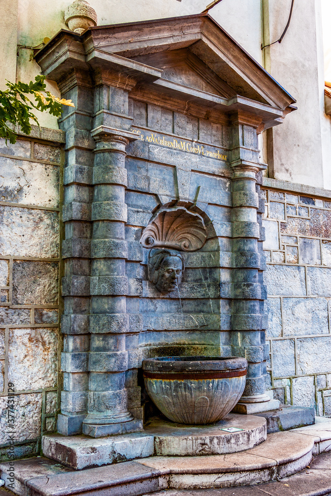 a spring flowing down from the mountain, clothed in a stone bed and flowing into a stone bowl from the wall of the Orthodox Macedonian Church of St. Florian. The water is always cold and delicious. a spring flowing down from the mountain, clothed in a stone bed and flowing into a stone bowl from the wall of the Orthodox Macedonian Church of St. Florian. The water is always cold and delicious.