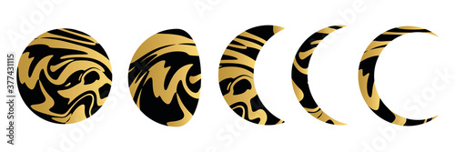 Moon phases with gold inclusions. Marbled textrure. Hand drawn vector.