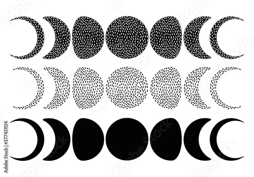 Moon phases set. Dot work, abstract style. Flat hand drawn vector. 