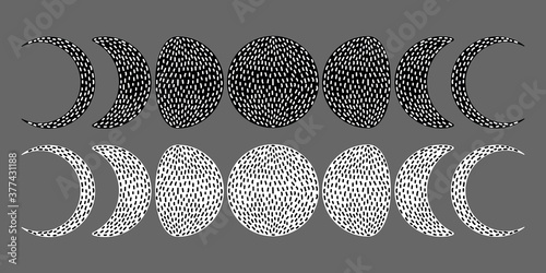 Moon phases set. Dot work, abstract style. Flat hand drawn vector. 