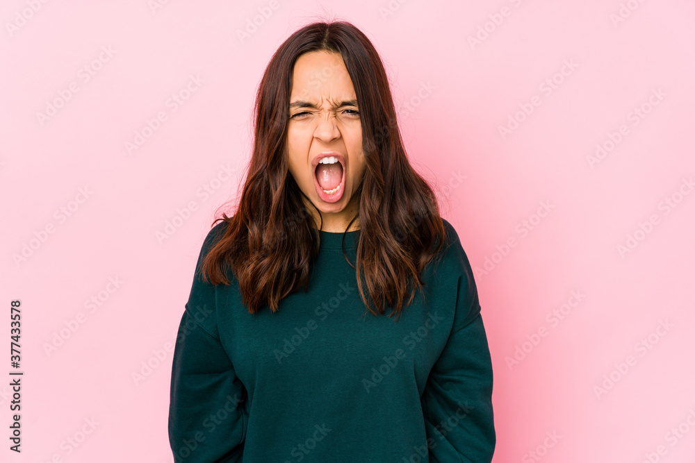 Fototapeta premium Young mixed race hispanic woman isolated shouting very angry, rage concept, frustrated.