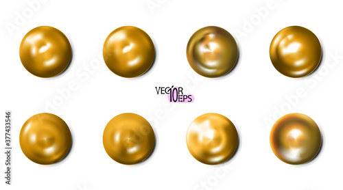 Realistic golden construction rivets, gold set heads isolated on white background. Shiny caps. In surface top view of wide a hats metalwares. Vector illustration.