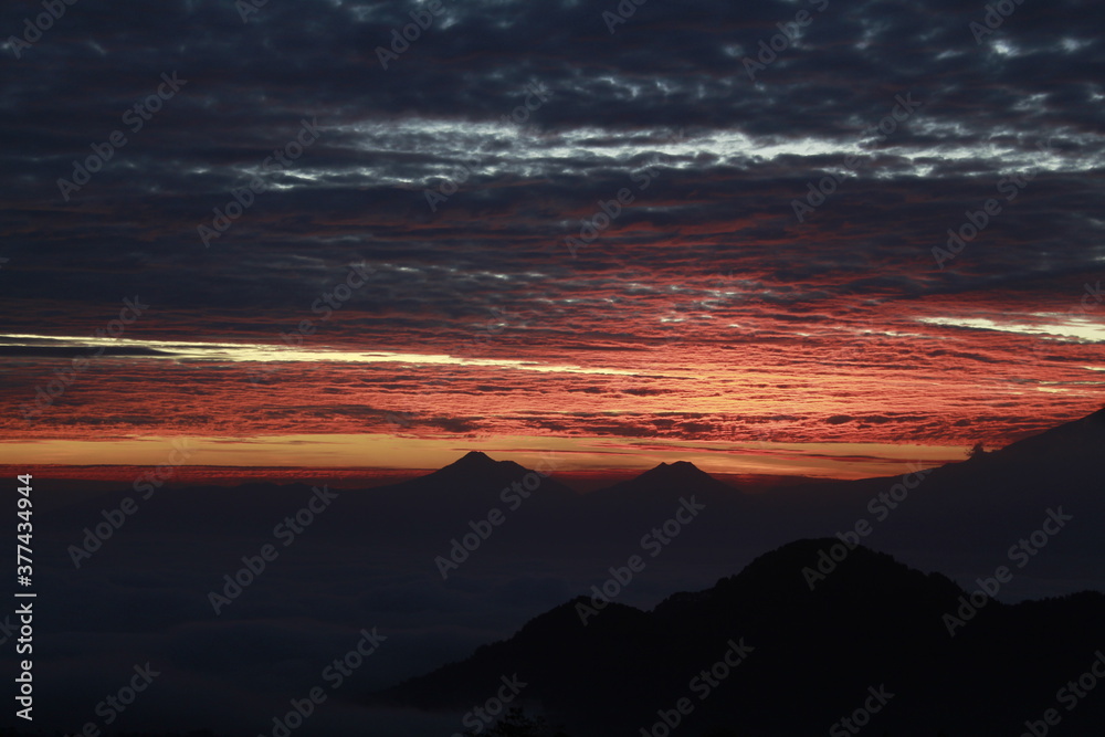 Amazing view of the sunrise over the Sumbing Mountain of Central Java Indonesia