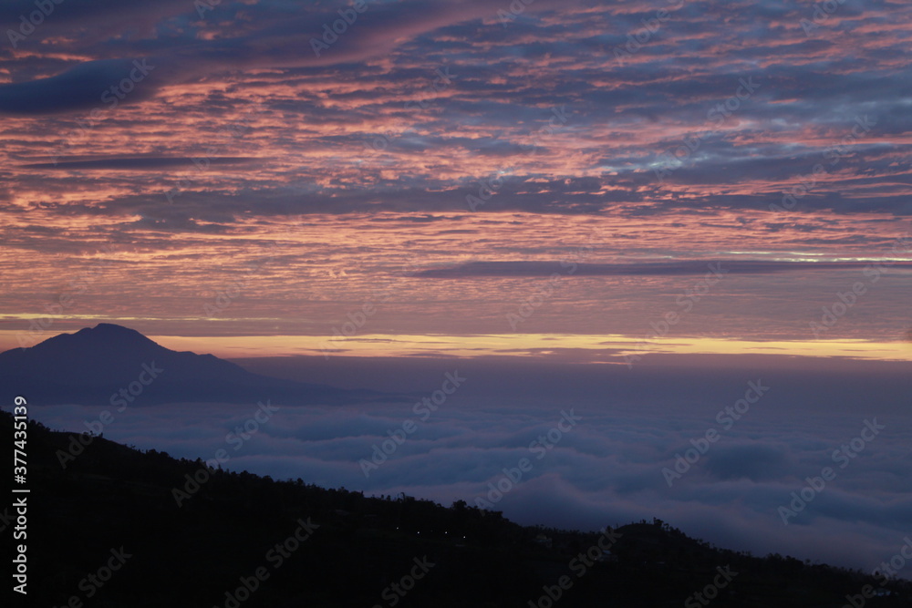 Sunrise on the Sumbing Mountain of Central Java, Indonesia. The charm of Indonesian nature
