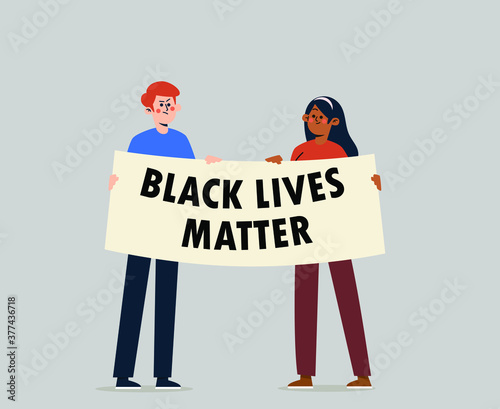 Protests across America.People with streamer and signs protesting for Black Lives Matter movement . Vector illustration.