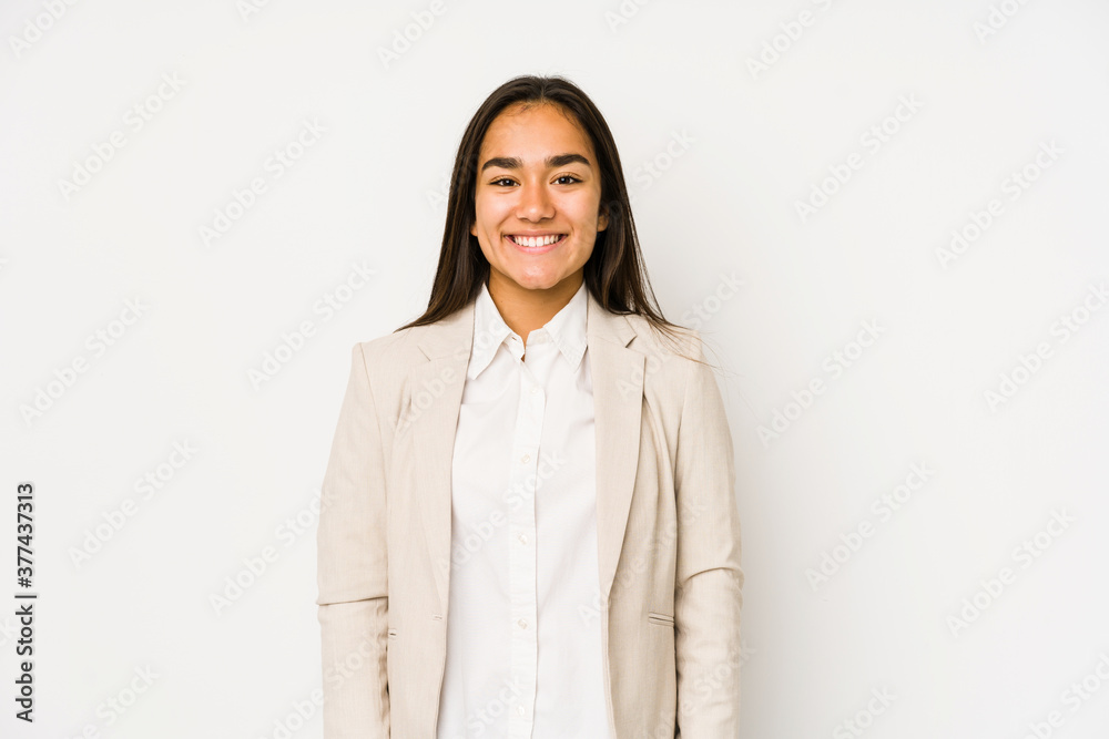 Young woman isolated on a white background happy, smiling and cheerful. Young woman isolated on a white background happy, smiling and cheerful.