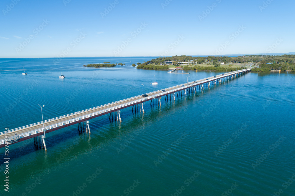 Diagonal view of Bribie Island bridge and estuary. Diagonal view of Bribie Island bridge and estuary.