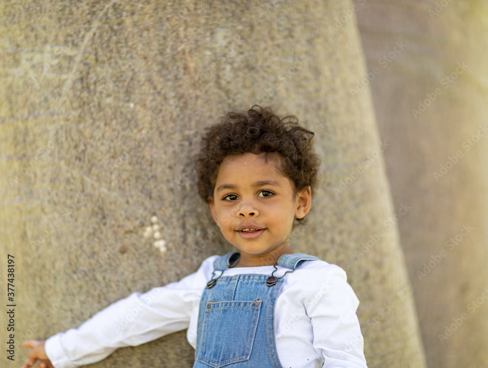 young child standing near big tree trunks young child standing near big tree trunks