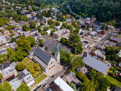 Scenic seasonal landscape from above aerial view of a small town in countryside of Lambertville New Jersey USA on historic city New Hope Pennsylvania US