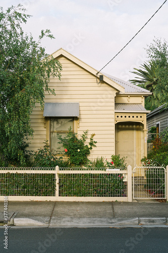 View of surburban house front gate with tree in front garden