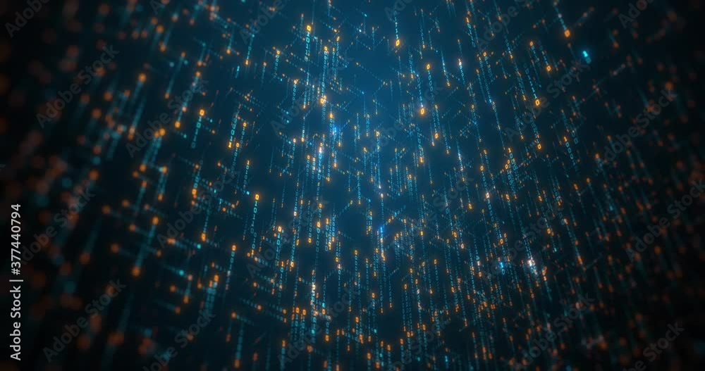 Abstract binary code, computer programming / coding. Software Source Code. 0 and 1 moving across screen in all direction. Software developers, engineers. 3D render, 4K loop