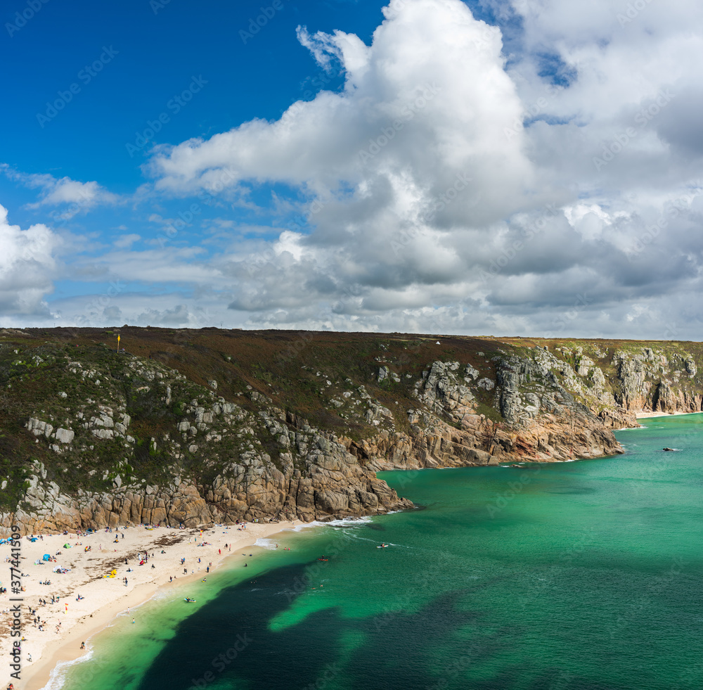 Panorama of the Porthcurno Beach nad Logan Rock - Lands End in Cornwall in England