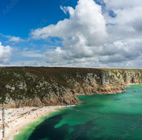 Panorama of the Porthcurno Beach nad Logan Rock - Lands End in Cornwall in England