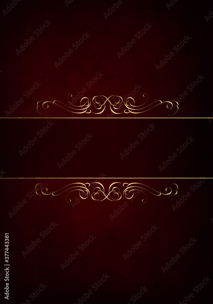 Golden shiny glowing ornate frame isolated over dark red. Golden luxury elegant floral border. Illustration template.