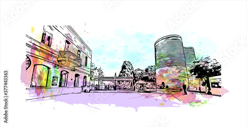 Building view with landmark of Baku, the capital and commercial hub of Azerbaijan, is a low-lying city with coastline along the Caspian Sea. Watercolor splash hand drawn sketch illustration in vector.