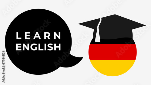 Speech bubble with "Learn English" written inside, spoken by the flag of Germany.