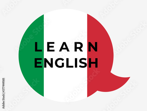 Speech bubble with "Learn English" written inside, with the flag of Italy on.