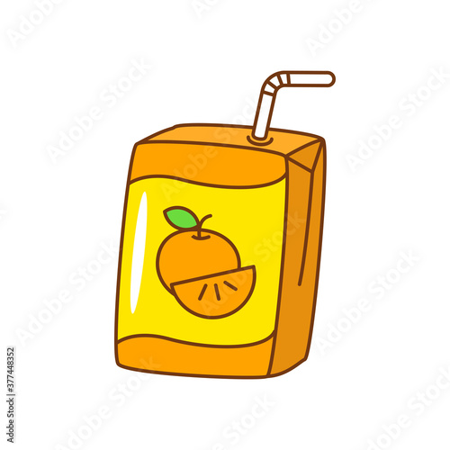 Orange juice with small box package and straw cartoon illustration isolated on white background 