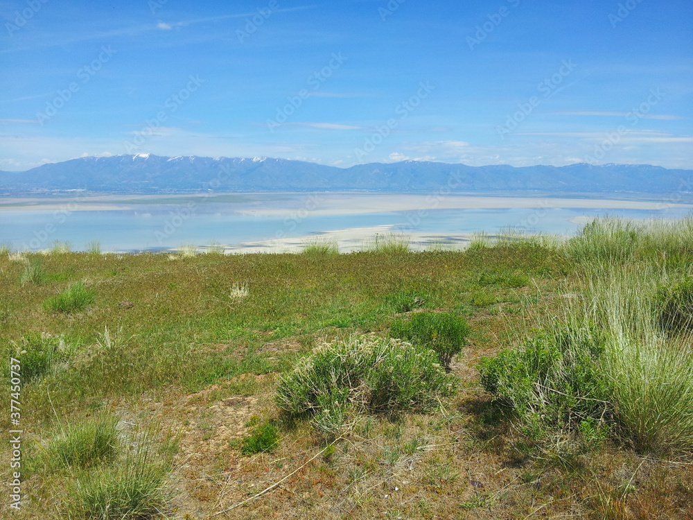 Aerial view of Antelope Island, Great Salt Lake and Wasatch Mountains from Frary Peak, Antelope Island State Park, Utah