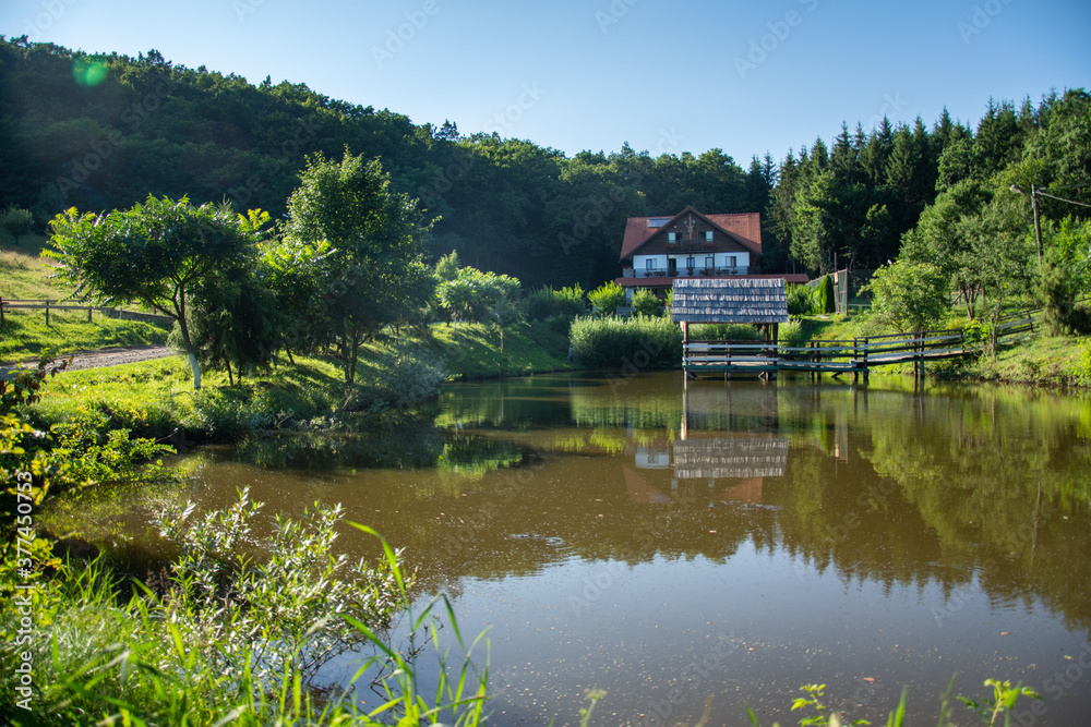 Romania Bistrita Paradisul  Verde ,ponton pe  lac ,2020