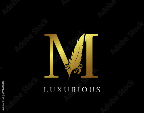 Golden Feather Letter M Luxury Brand Logo icon, vector design concept feather with letter for initial luxury business, firm, law service, boutique and more brand identity. photo