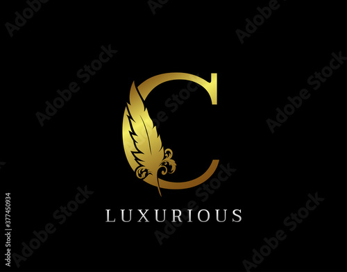 Golden Feather Letter C Luxury Brand Logo icon, vector design concept feather with letter for initial luxury business, firm, law service, boutique and more brand identity.