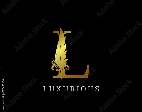 Golden Feather Letter L Luxury Brand Logo icon, vector design concept feather with letter for initial luxury business, firm, law service, boutique and more brand identity.