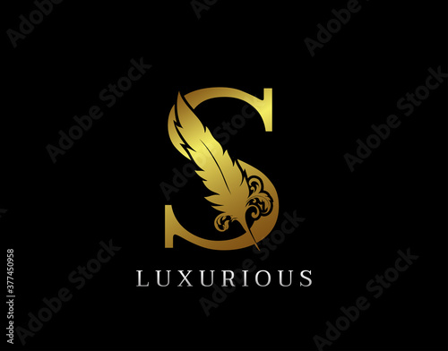 Golden Feather Letter S Luxury Brand Logo icon, vector design concept feather with letter for initial luxury business, firm, law service, boutique and more brand identity.