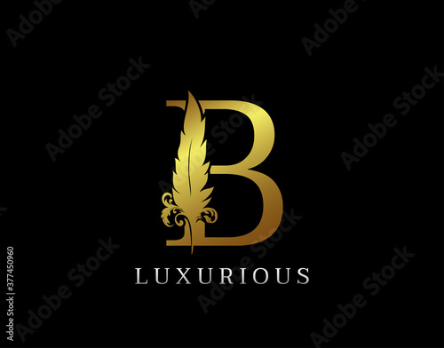 Golden Feather Letter B Luxury Brand Logo icon, vector design concept feather with letter for initial luxury business, firm, law service, boutique and more brand identity.