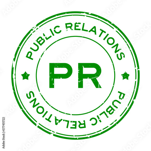 Grunge green PR Public Relations word round rubber seal stamp on white background
