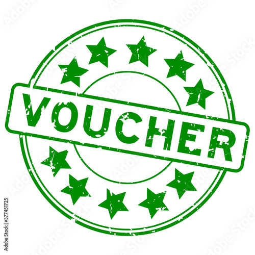 Grunge green voucher word round rubber seal stamp on white background