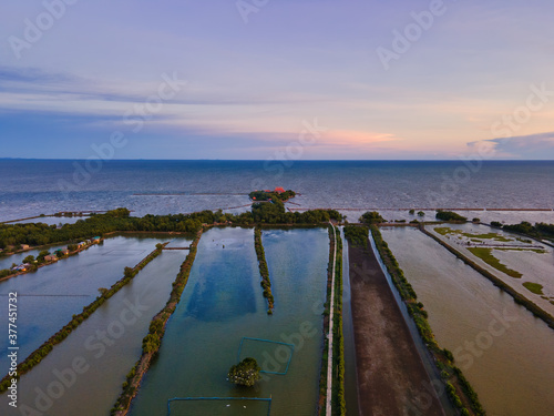 Aerial Panoramic view of Shrimp Farm at Samut Prakarn.