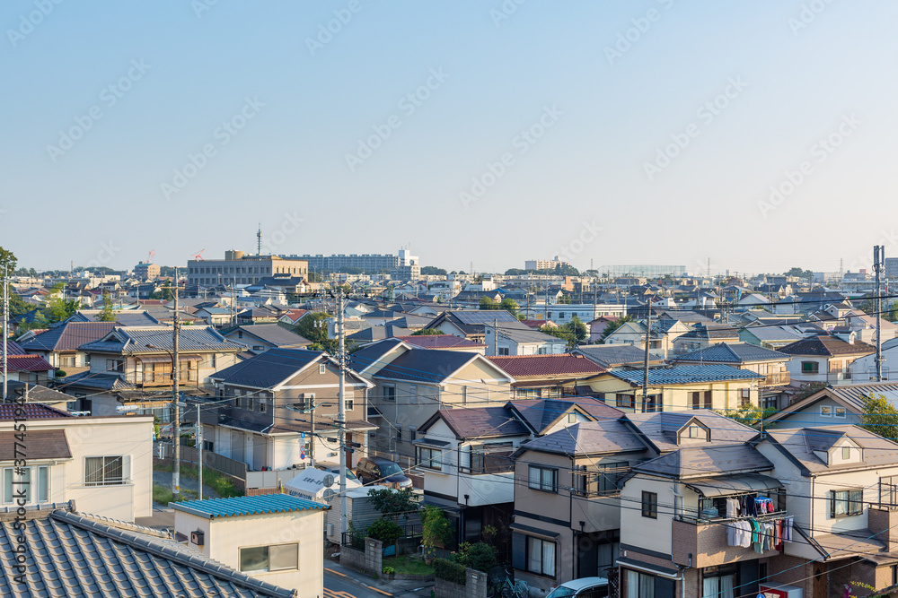 scenery of blue sky and townscape in early morning in countryside, tokyo, japan