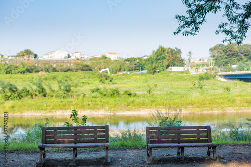 Fotografia scenery of two benches in the park beside the river in tokyo, japan