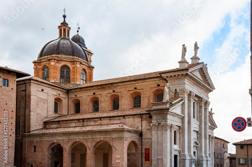 View of the facade and the cupola of the neoclassical Duomo di Urbino  Urbino Cathedral in the Marche  Italy.