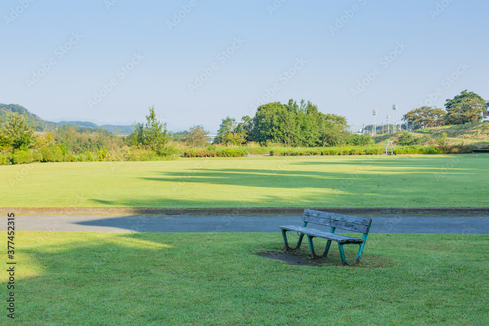 small park having green grass and a empty bench in early morning in tokyo, japan small park having green grass and a empty bench in early morning in tokyo, japan