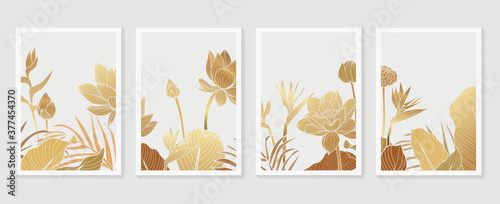 Luxury cover design template. Lotus line arts hand draw gold lotus flower and leaves. Design for packaging design, social media post, cover, banner, Wall arts, Gold geometric pattern design vector