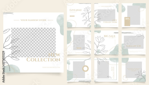 social media template banner fashion sale promotion. fully editable instagram and facebook square post frame puzzle organic sale poster. green floral water color vector background