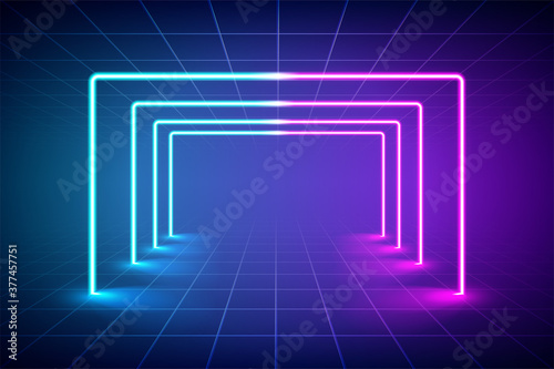 Abstract futuristic blue and pink neon light background, Reflective empty room with neon tube. vector illustration