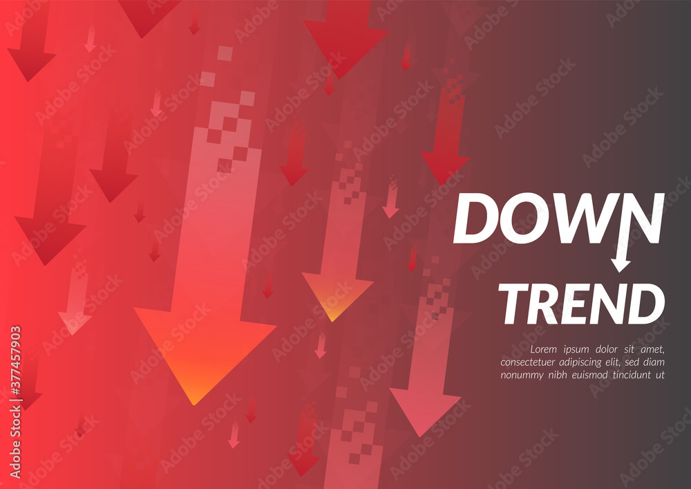 Downtrend abstract background. A group of digital red arrows point down in the air shows about feeling that fall down, lower, losing, downward and more negative meaning.