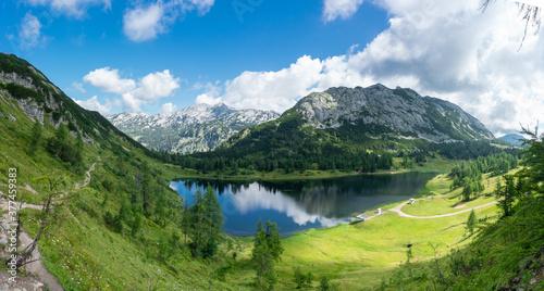 Tauplitz Alm. Panorama of lake Großsee in the Styria region during summer © mdworschak