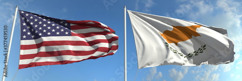Waving flags of the USA and Cyprus on flagpoles, 3d rendering