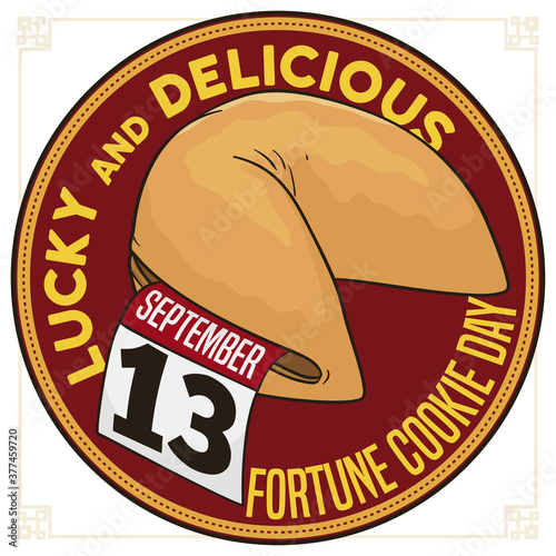 Button with Lucky Omens, Fortune Cookie and Calendar Celebrating its Day, Vector Illustration