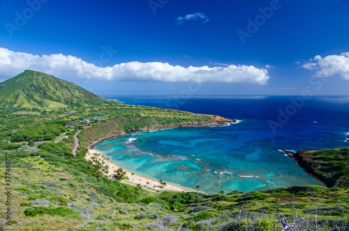 Beautiful day at world famous and popular snorkeling spot Hanauma bay in Honolulu on Oahu, Hawaii	