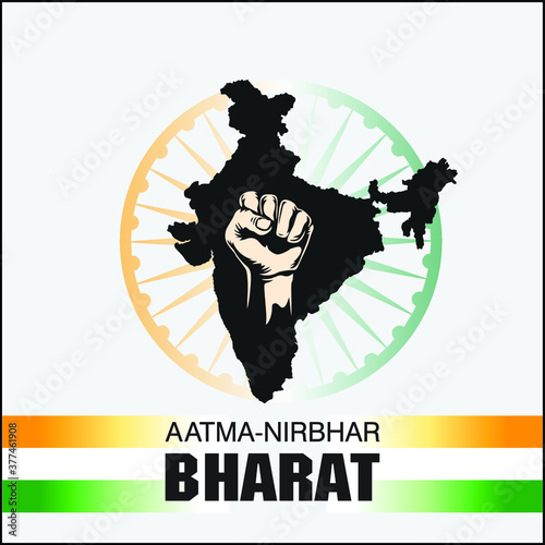 VECTOR ILLUSTRATION FOR SELF DEPENDENT INDIA,WITH HINDI TEXT AATMA NIRBHAR BHARAT MEANS SELF DEPENDENT INDIA, ILLUSTRATION IS SHOWING INDIAN MAP WITH UNITY HANDS ON INDIAN FLAG BACKGROUND photo