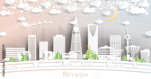 Riyadh Saudi Arabia City Skyline in Paper Cut Style with Snowflakes, Moon and Neon Garland.