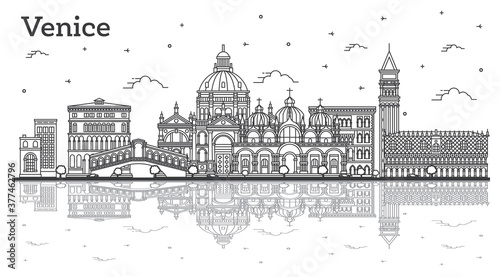 Outline Venice Italy City Skyline with Historic Buildings and Reflections Isolated on White.
