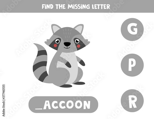 Find missing letter and write it down. Cute gray raccoon.