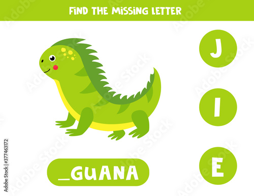 Find missing letter and write it down. Cute iguana.
