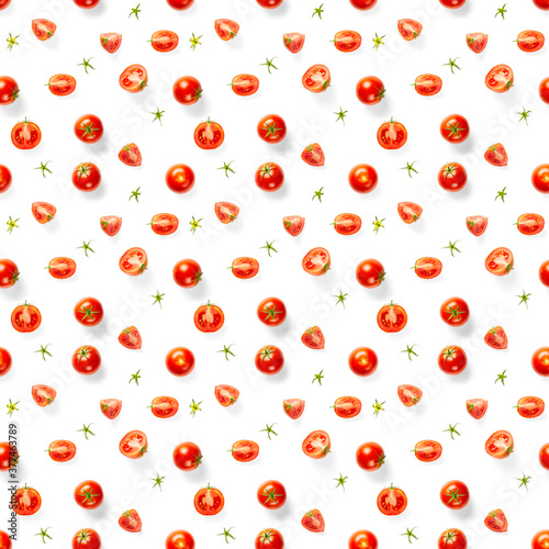 Seamless pattern with red ripe tomatoes. Tomato isolated on white background. Vegetable abstract seamless pattern. Organic Tomatoes flat lay